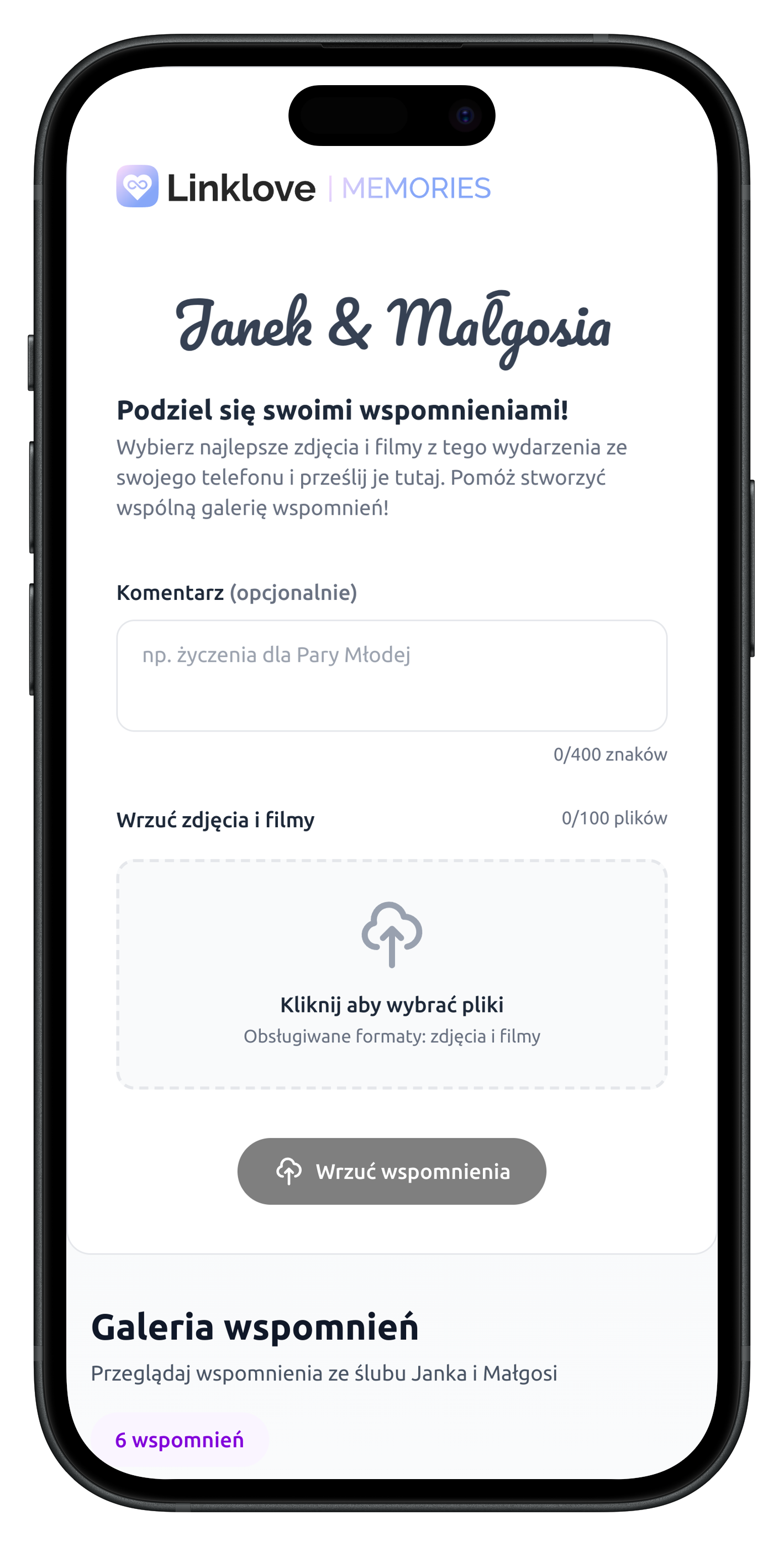 Interfejs aplikacji weselnej do zbierania zdjęć i filmów - galeria dostępna dla wszystkich gości