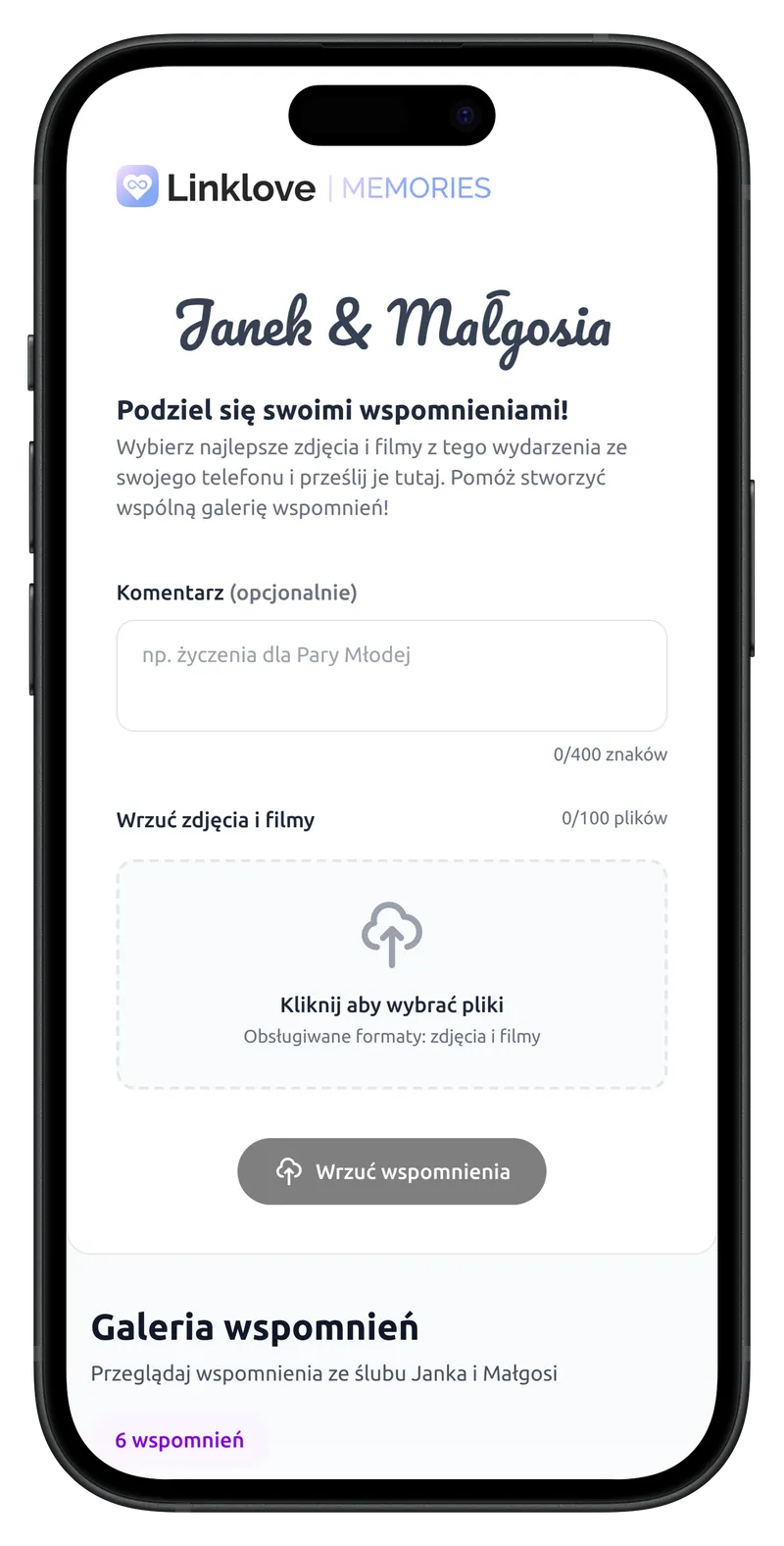 Aplikacja mobilna LinkLove Memories z galerią zdjęć weselnych