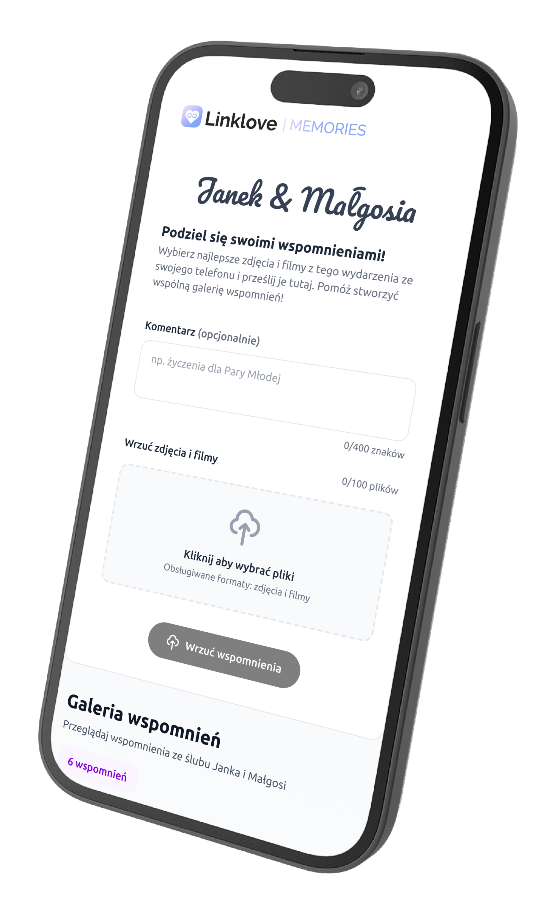 Aplikacja mobilna LinkLove Memories do zbierania zdjęć i filmów weselnych przez kod QR